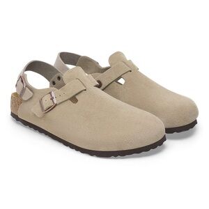 Birkenstock Beige Suede Clog Sandals with Backstrap